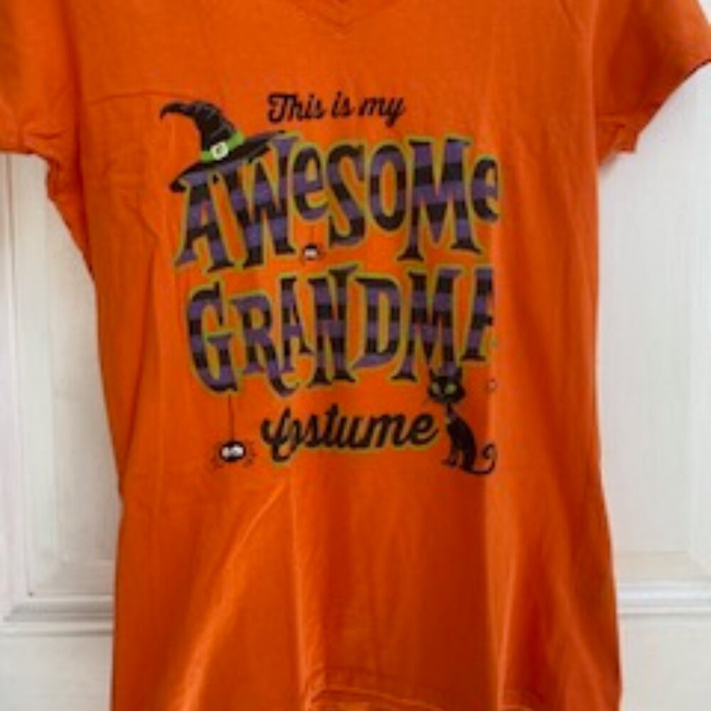 Grandmas Awesome Halloween Tee Orange With Black Glitter Accent Size Small